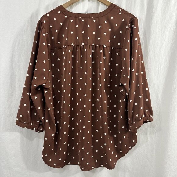 Torrid Harper Crepe De Chine Brown Polka Dot 3/4 Sleeve Top Womens Size 2 Career - Picture 2 of 11